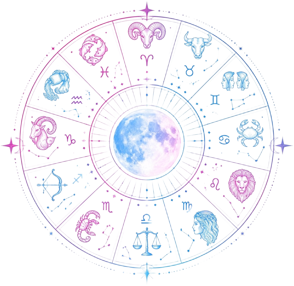 Pink and blue zodiac wheel surrounding a luminous moon